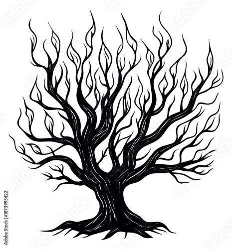 Hand drawn line art illustration of a spooky tree depicting stylized branches and sparse leaves for Halloween and fantasy designs
