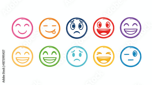 Vibrant Set of Outline Emoji Faces Expressing Diverse Human Emotions and Feelings in a Colorful and Playful Illustration Style