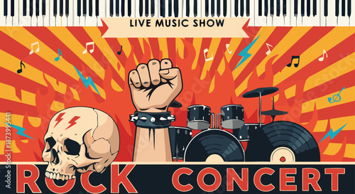 Live Music Rock Concert with Skull, Drums, and Vinyl Records for a Powerful Performance