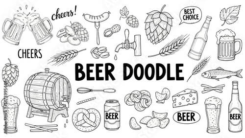 Hand-Drawn Sketch of Various Beer-Related Items and Snacks, Perfect for Pubs and Breweries