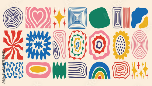 Vibrant collection of abstract retro groovy doodle shapes. Hand-drawn psychedelic organic graphic elements for modern design projects