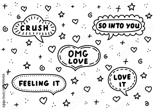 Hand drawn doodle speech bubbles with love phrases and hearts. Concept of online dating, romantic communication for Valentines Day. Vector illustration