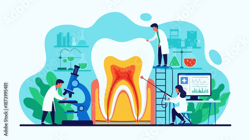 Dental care and tooth health, science and research illustration