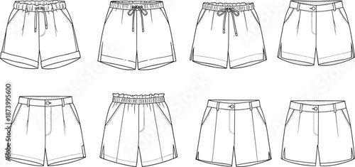 Women’s fashion shorts front and back technical sketches, casual summer styles, drawstring waist, flat cad vector line illustration