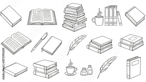 Collection of illustrated books, writing instruments, and office supplies for creative endeavors