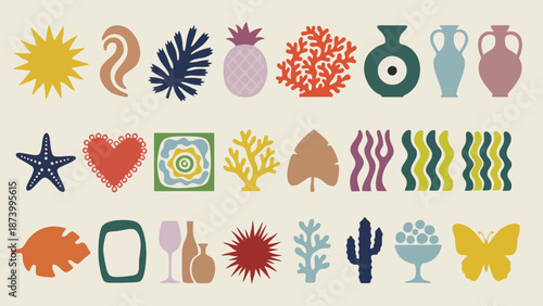 Captivating collection of stylized nature, decor, and abstract shapes offering versatile design elements for creative projects and vibrant branding solutions