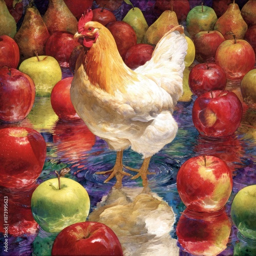Rooster standing among apples reflecting on water