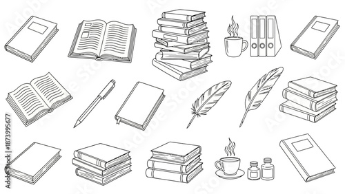 Collection of books, writing tools, and stationery items, featuring a stack of books, an open book, pens, and quills, in a minimalist line art style