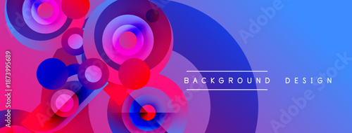Abstract vibrant design features overlapping circles, gradients. Pink, blue hues create dynamic visual effect. Modern background element.