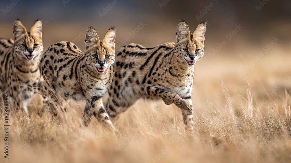 Obraz premium Three playful servals frolicking joyously across grasslands manes flowing freely exotic pet