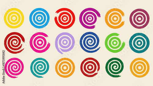 A vibrant and diverse collection of hand-drawn spiral patterns in an array of bright colors, forming an eye-catching graphic design element for creative projects and backgrounds