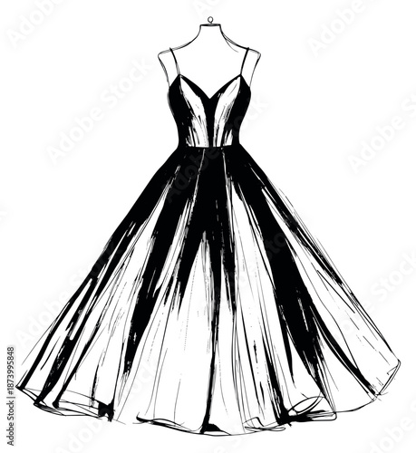 Hand drawn fashion illustration of an elegant dress depicting it on a mannequin for fashion design