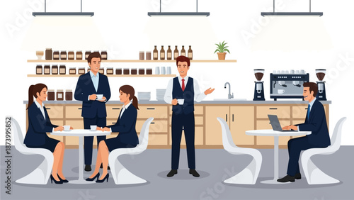 Professionals conducting business meetings and collaborative discussions in a modern, vibrant coffee shop setting, fostering productivity and networking opportunities among colleagues and clients