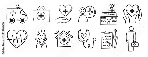 Set of hand-drawn medical and healthcare doodle icons for modern digital design, depicting essential services, emergency care, and wellness concepts