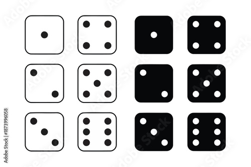 Clean vector set of twelve dice faces, showing numbers one to six in contrasting black and white styles. Perfect for game design, educational materials, and digital projects