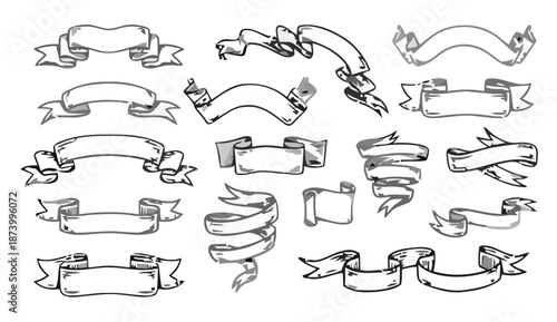 Hand-drawn collection of elegant ribbon banners and vintage scrolls, perfect for decorative design elements, labels, or badges, in a versatile sketch style