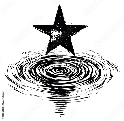Grunge hand drawn illustration of a star depicting its reflection in water with ripples for abstract design
