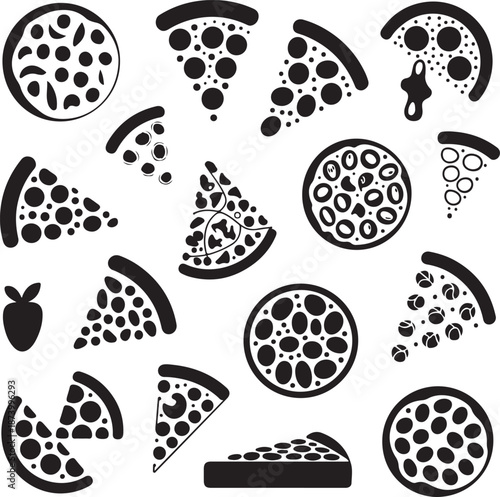 black and white pizza icons with different toppings and slices