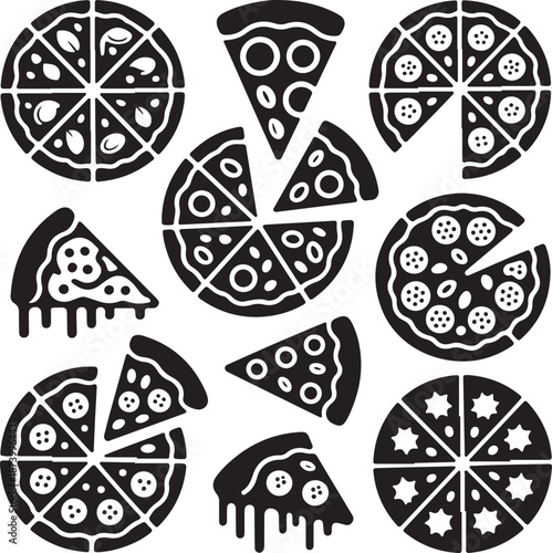 black and white pizza icons with different toppings and slices