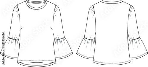 Women’s flared sleeve top flat sketch, fashion cad illustration, technical vector drawing, front and back design, garment outline, blouse silhouette