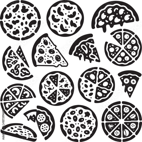 black and white pizza icons with different toppings