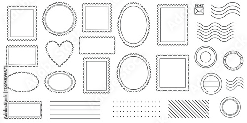 Postage stamps clip art frames, post office vector elements, minimalist elegant postmark set