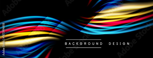 Abstract colorful waves flow across black background. Dynamic lines create modern design element. Bright hues suggest energy, movement.