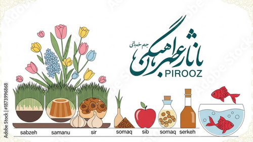 Traditional nowruz celebration symbols and foods on a decorative table with colorful flowers and greenery in a vase on a white background with Persian New Year