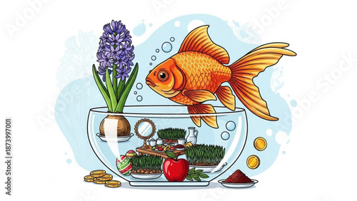 Vibrant goldfish swimming in glass bowl with treasures and purple hyacinth on white background with illustration and colorful and aquatic and fantasy