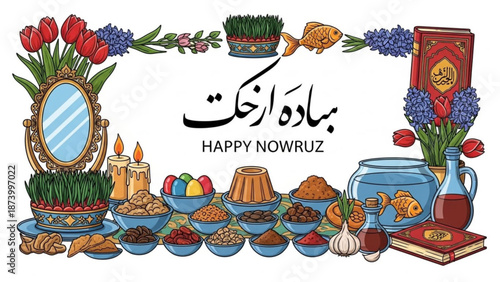 Vibrant nowruz celebration arrangement with traditional elements and food on a colorful tablecloth with Persian New Year and Table setting and Dishes