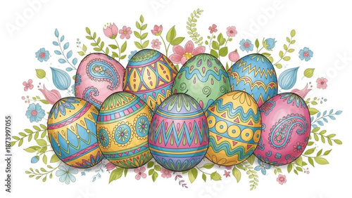 Colorful easter eggs with floral patterns and designs on white background for spring celebrations with colorful eggs and egg designs and festive