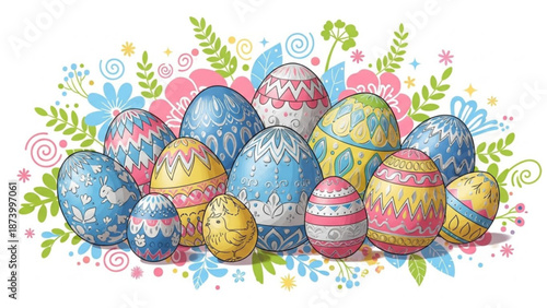 Colorful easter eggs with floral patterns and designs on a white background with leaves and flowers with decorated eggs and colorful eggs and Easter decorations