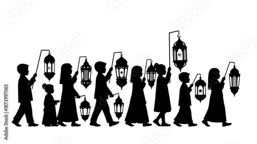 A group of people walking in a line holding lanterns in a festive procession with silhouette and celebration and tradition and culture and community
