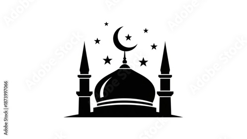 Black silhouette of a mosque with crescent moon and stars on a white background for ramadan or islamic celebrations with religion and faith and architecture