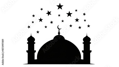 A serene black silhouette of a mosque with crescent moon and stars on a white background symbolizing islamic architecture and ramadan with religion
