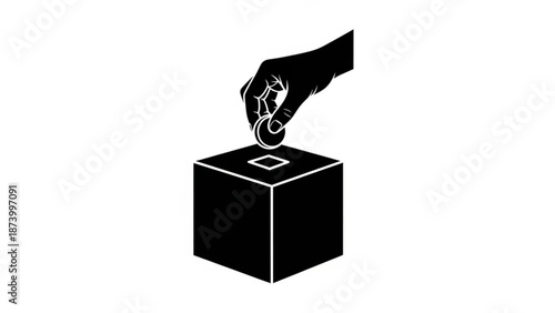 A hand putting a ballot into a black ballot box with a slot on top for voting purposes in a democratic election process with democracy and vote