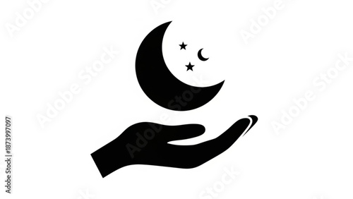 A black silhouette of a hand cradling a crescent moon with stars on a white background symbolizing protection and guidance in the night sky with inspiration