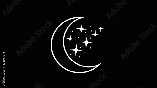 A white crescent moon with sparkling stars on a black background symbolizing night magic and wonder with space and astro and fantasy and illustration