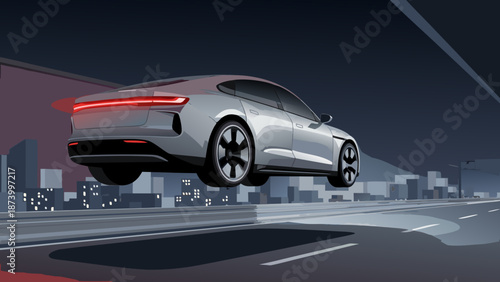 Futuristic Electric Car Hovering Above Smart City at Night Autonomous Mobility Concept Vector Illustration
