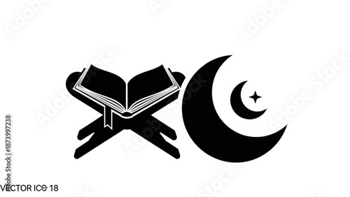 Islamic symbol with crescent moon star and open book on crossed hands with religion and faith and spirituality and graphic and icon and vector