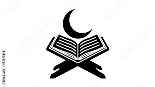 A black and white illustration of an open book with a crescent moon above it on a white background symbolizing knowledge and spirituality in a simple yet powerful design