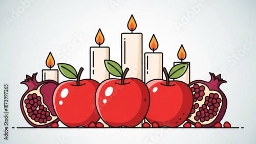 Rosh hashanah jewish new year illustration with apples pomegranates and candles on white background symbolizing abundance and celebration with tradition