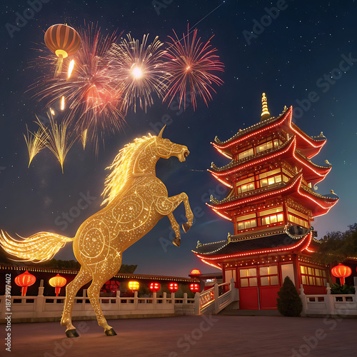 A mythical, glowing golden horse made entirely of sparking fireworks and embers, leaping over a traditional Chinese pagoda during a vibrant celebratory night festival.