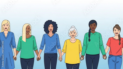 Diverse group of six women standing together holding hands in unity and solidarity with colorful clothing on a light blue background with diversity