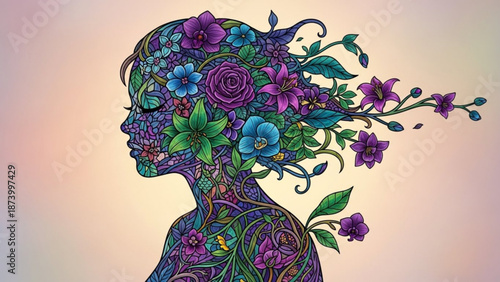 Vibrant floral human head profile with colorful flowers and leaves emerging from the brain on a pastel background with illustration and artistic