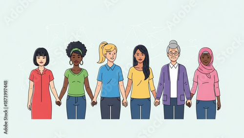 Diverse group of six women holding hands together in a line illustration on a light background with diversity and unity and women empowerment