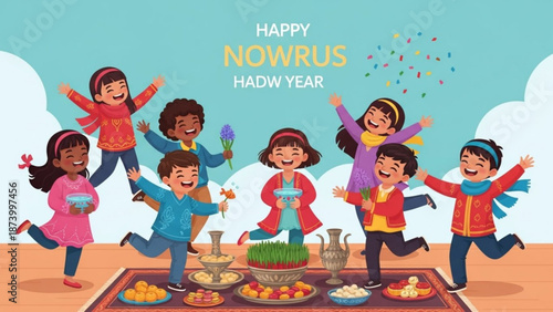 Children celebrating nowruz with traditional food and drinks on a colorful rug with celebration and happy and spring and equinox and persian