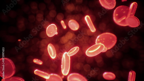 Tableau sur toile Red blood cells are suspended in a dynamic motion against a dark background, glowing with an intense red hue