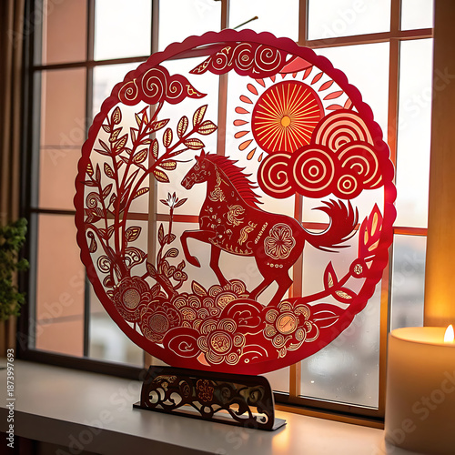 An intricate red paper-cut illustration (Jianzhi) of a stylized horse surrounded by auspicious symbols like peony flowers, lucky coins, and clouds, mounted against a backlit window screen.