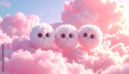 Pink fluffy round characters with big eyes in pink clouds